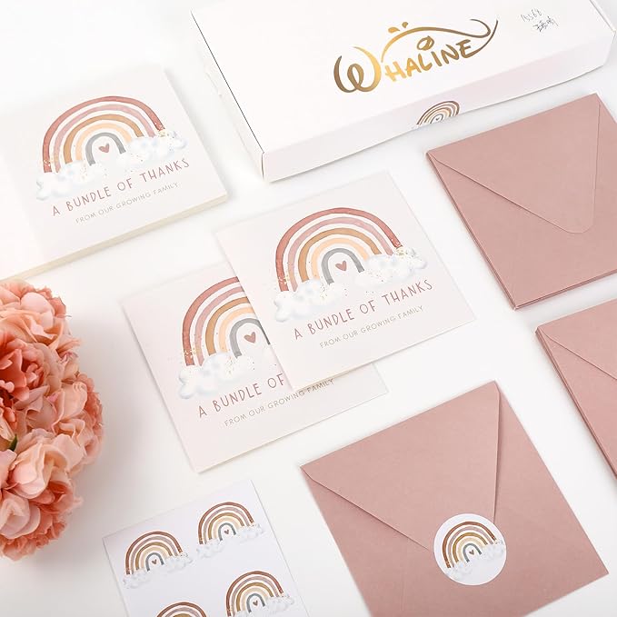 Whaline 50 Pack Baby Shower Thank You Cards Boxed Boho Rainbow Thank You Note Cards with Envelopes Stickers for Birthday Invitation, 5 x 5 Inch