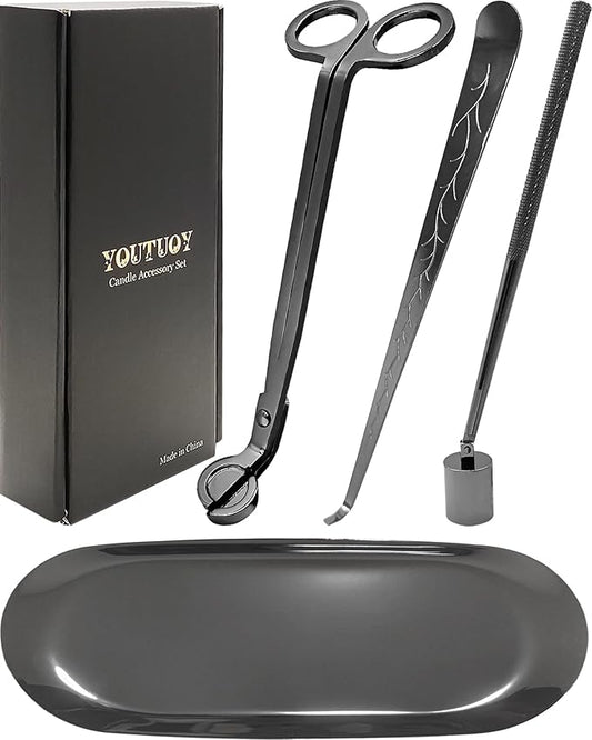 4 in1 Candle Accessory Set with Storage Tray Plate, Candle Wick Trimmer, Candle Wick Snuffer, Candle Wick Dipper, Storage Tray Plate, Great for Scented Candles Lovers (Silver Black)