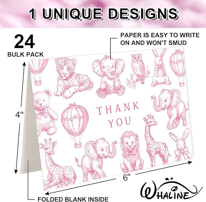 Whaline 24 Pack Pink Baby Shower Thank You Card Greeting Cards with Envelopes Stickers Cute Animal Blank Note Cards for Gender Reveal Birthday Party Supplies