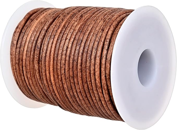 GENIQUE Real/Genuine Round Leather String Cord for Necklace, Bracelets, Jewellery, Braiding (2mm, Saddle Brown Distressed)