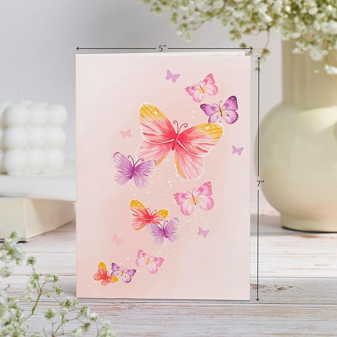 Butterfly Pop Up Card, Colorful Butterflies with Flowers, 3D Greeting Card, Gifts for Birthday, Mothers Day, Valentines Day, 5x7 - Includes Envelope And Message Note