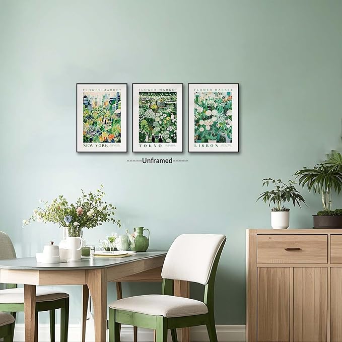 XLARTMY Flower Market Wall Art Prints Canvas Green Yellow White Floral Paintings Colorful Botanical Travel Flower Posters for Home Decor Pictures Set of 3 for Living Room Bedroom 12x16in Unframed