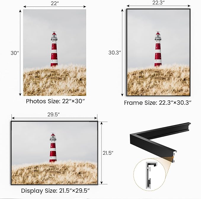 22x30 Aluminum Metal Picture Frame,Tempered Glass Black Photo Frame 22x30 for Family Photo,Posters,Art,Document to Wall Mount Horizontally or Vertically