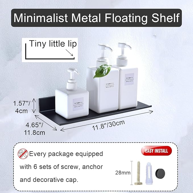 Z metnal Small Adhesive Floating Shelves, Mini Metal Shelf, Decor Display Wall Shelf, Aluminum, Wall Mounted, Matt Black, 12 inch,1 pcs