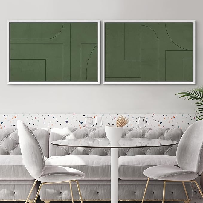 SIGNWIN Framed Canvas Print Wall Art Set Green Mid-Century Polygon Landscape Abstract Shapes Digital Art Modern Art Decorative Minimalism Vintage for Living Room, Bedroom, Office - 24"x36"x2 White