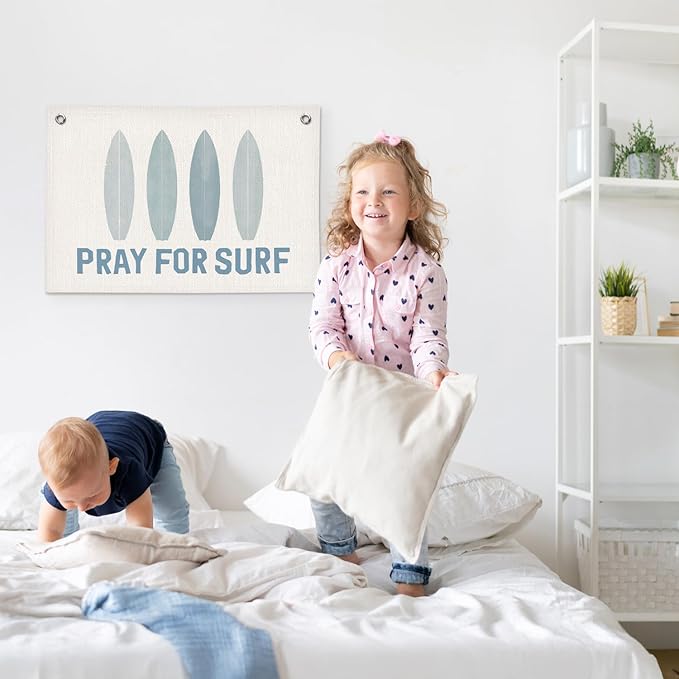 Coastal Beach Surf Kids Room Decor - Linen Banner Wall Hanging Canvas Banner Flag Decor for Kids Toddler Bedroom Nursery Playroom