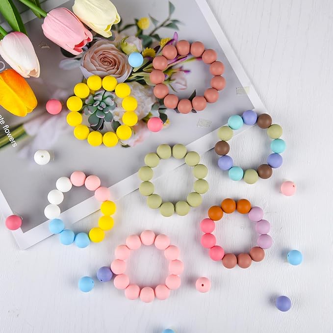 ASTARON 100 Pcs 15mm Silicone Beads for Keychain Making, Pink Black Silicone Round Beads Bulk for Bracelets Pens Crafts Supplies