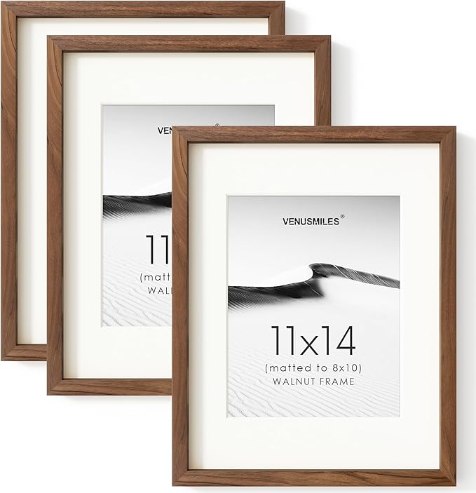 11x14 Picture Frame Set of 3, USA-Sourced Natural Walnut Wood Photo Collage Frame with HD Tempered Glass, Modern Simple 11 x 14 Wooden Frame Matted to 8x10, Vertical & Horizontal Wall Hanging Display