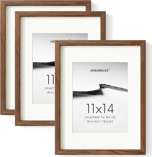 11x14 Picture Frame Set of 3, USA-Sourced Natural Walnut Wood Photo Collage Frame with HD Tempered Glass, Modern Simple 11 x 14 Wooden Frame Matted to 8x10, Vertical & Horizontal Wall Hanging Display