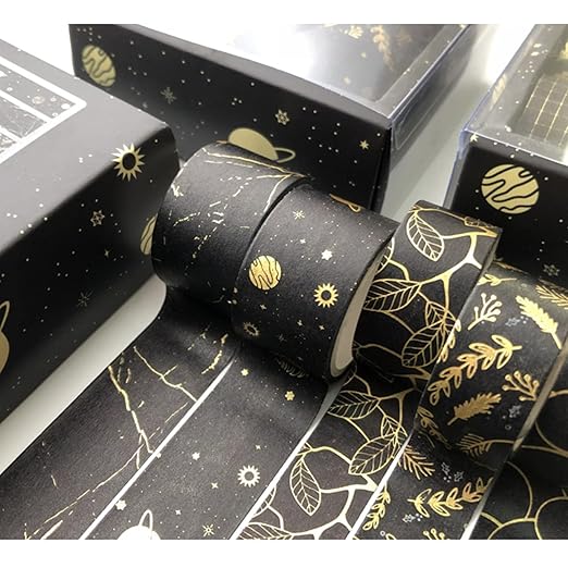 YUBX Creative Washi Tape Set 10 Rolls Gold Foil Print Decorative Masking Tapes for Arts, DIY Crafts, Journals, Planners, Scrapbook, Wrapping (Gold Dark)