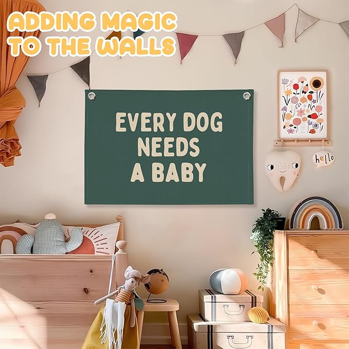 Baby Shower Decor,Forest Green Pregnancy Announcement Babe Gender Reveal Shower Wall Hanging Canvas Banner, Every Dog Needs a Baby Wall Art Decor for Newborn Babe Room Bedroom, 30x20 Inch