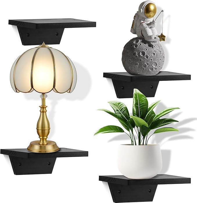 PHOENANCEE Small Floating Shelves,Speaker Shelf,Trapezoid Wall Shelf for Table Lamp Plants Display,Decorative Wood Ledges Chic for Living Room,Bedroom,Kitchen,Office,Pine,8x6 Inch,2 Pack(Black)
