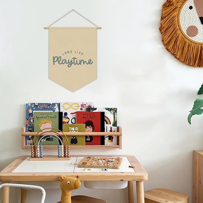 Playroom Decor, Long Live Playtime Neutral Linen Canvas Banner, Play Room Wall Hanging Pennant Flag Banner for Nursery Toddler Kids Room Bedroom Playroom Decor, 15x11in