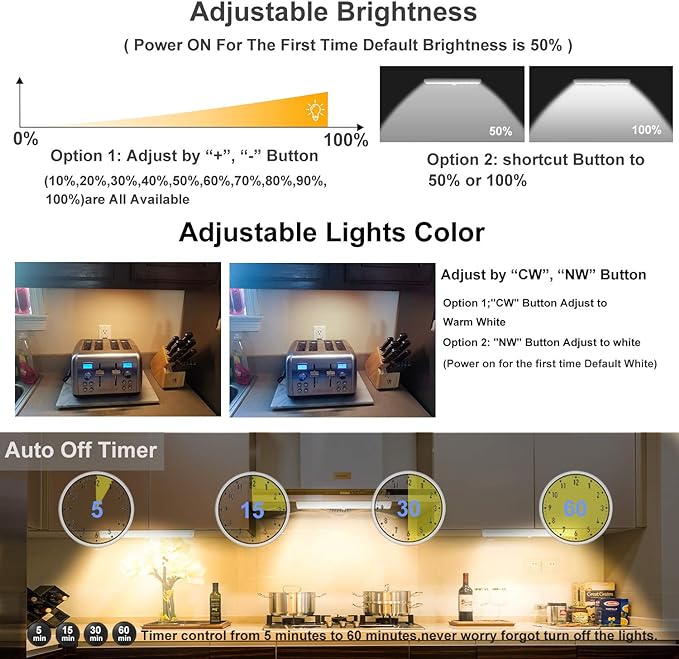 LDOPTO Under Cabinet Wireless LED Lights, 6 Pack Rechargeable Battery Operated, Dimmable, Remote Control, Stick On Night Lights for Kitchen, Pantry, Stairs, Hallway, 3 Colors