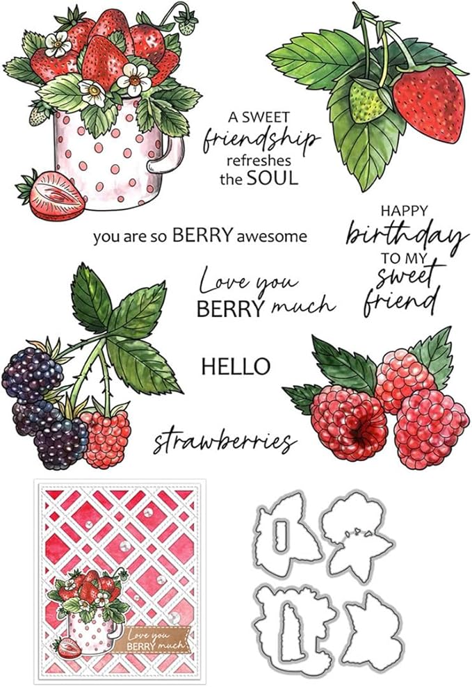 Strawberry Cup Stamps and Cutting Dies for Card Making DIY Transparent Silicone Clear Stamp and Metal Die Cuts Sets for Scrapbooking Paper Greeting Cards Decor Seals Craft Supplies