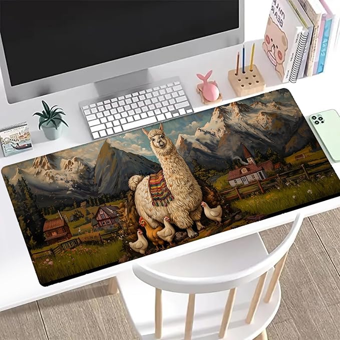 Alpaca & Chicken Gaming Mouse Pad, Office Desk Mat, Anti-Slip Rubber Base Cool Aesthetic Mouse Pads for Computer Laptop Keyboard School Home Desktop Gamer Home Accessories Decor 31.5" x 11.8"