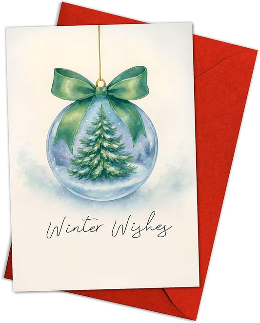 (5.3x8in) Winter Wishes Holiday Card with Envelope, Elegant Watercolor Design with Green Bow and Christmas Tree, Seasonal Greeting Card for Friends, Family, Coworkers, Festive Gift (Xmas 41)