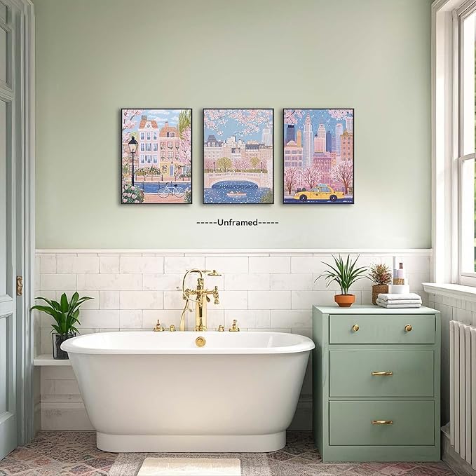 XLARTMY Watercolor City Landscape Travel Wall Art Canvas Framed Pink Cherry Flower Poster Girly Prints Painting Pictures Set of 3 for Bedroom Living Room Office 12x16in Unframed
