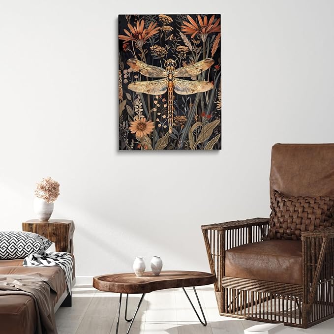 Dragonfly Canvas Wall Art,Moody Wall Art,William Morris Print,Aesthetic Wall Decor,Dark Cottagecore Art,Vintage Animal Dragonfly Posters Prints for Bathroom Farmhouse Decor 24x36in Unframed poster