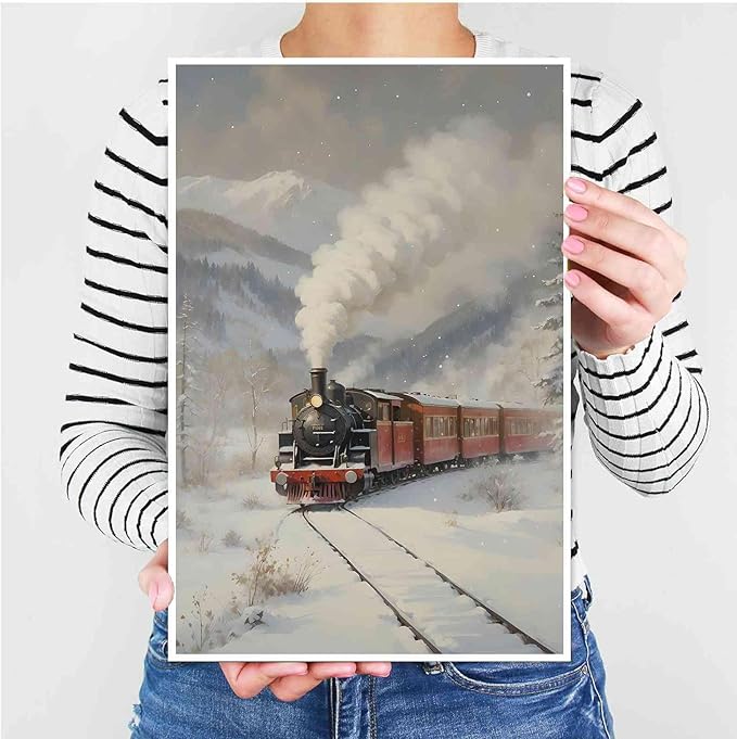 Canvas Wall Art Christmas Print Train Painting Winter Scenery Landscape Snowy Railroad Wall Art Moody Christmas Decor 20x30in-UnFramed