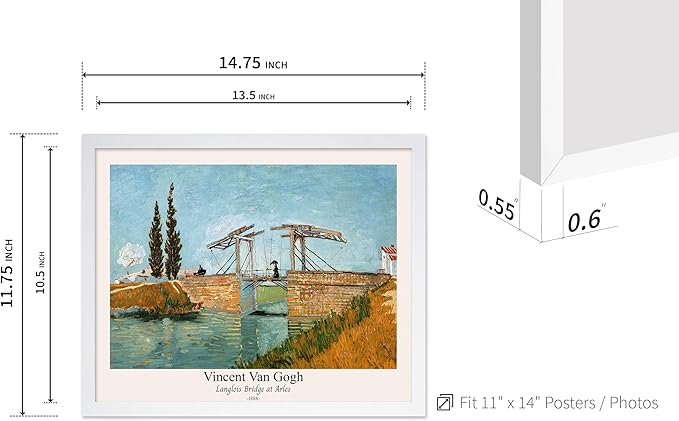 Monem Art Vintage Van Gogh Poster - Retro Langlois Bridge at Arles Print - Impressionism Art - Landscape Art - Fine Art - Classic Painting Art - Bedroom or Office Decor - 11x14 White Framed
