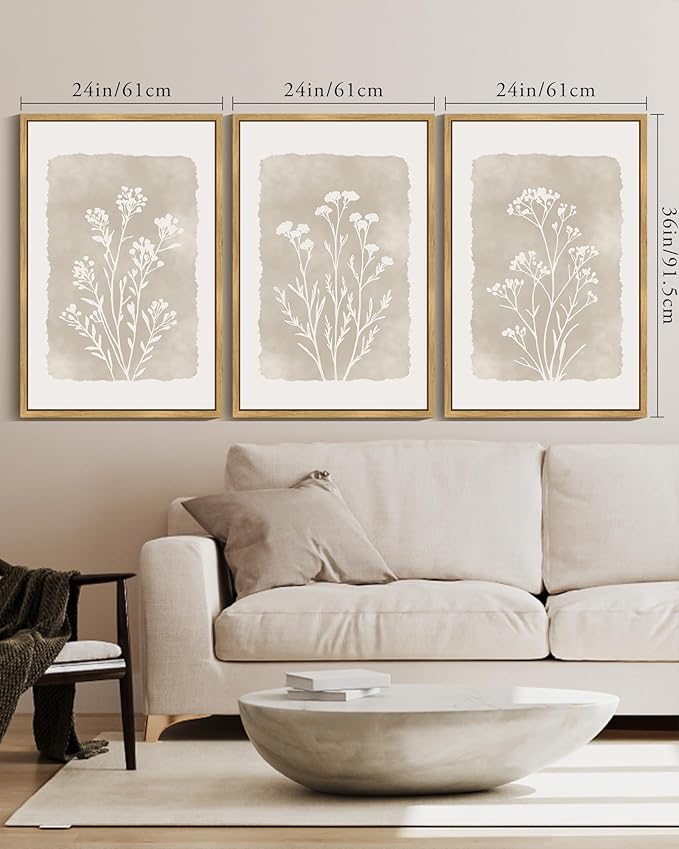 KUVIOKE Boho Botanical Flower Framed Wall Art Farmhouse Vintage Floral Wall Painting Rustic Wildflower Neutral Prints Artwork Home Decor 24x36in (Natural Framed)