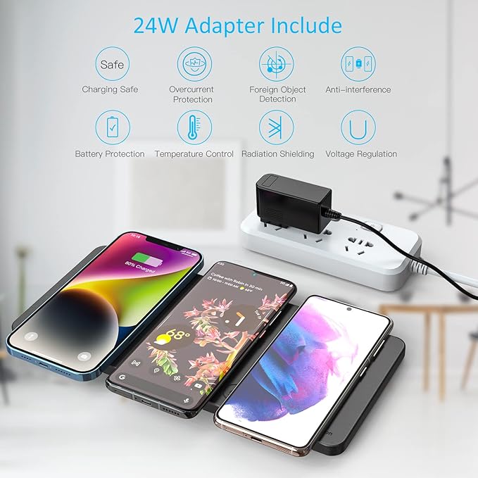 Wireless Charging Pad, ZealSound Ultra-Slim Triple Charger Station for Multiple 3 Devices & New Airpods Ultra Slim PU Leather Wireless Charging Mat W/AC Adapter for Smartphone Phone (Black)