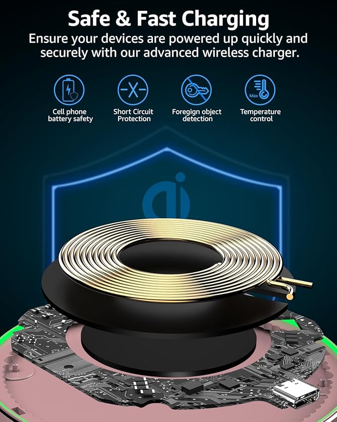 TOZO 2025 W1 New Anti-Slip Wireless Charger 15W Max Fast Wireless Charging Pad Compatible with iPhone 17/16/16 Plus/16 Pro Max /15/14/13/SE Series, Samsung Galaxy S25/S24/S23 Series, Pink