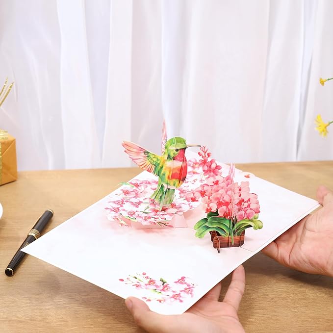 Pop Up Birthday Cards Hummingbird Orchid Flower, 3D Mother's day Card for Women, Mom, Wife, Daughter, Her, Sister, Girlfriend, Grandma, Ideal Gift for Valentines , Thank You, Anniversary, Get Wel