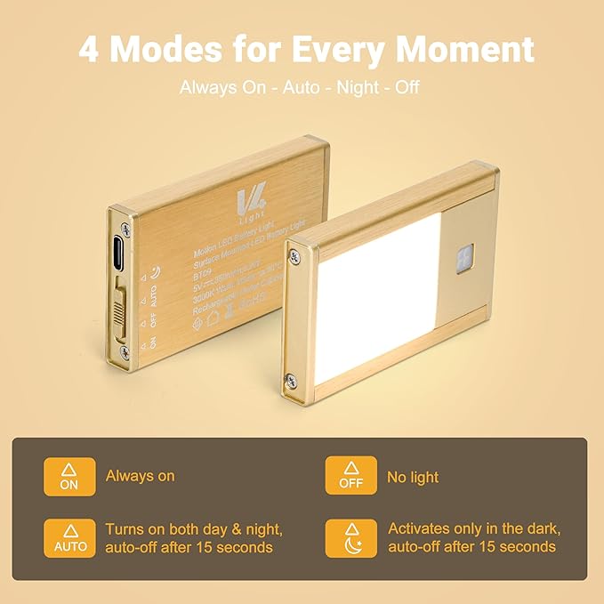 V4light Rechargeable Motion Sensor Night Lights, 4-Pack - Brushed Gold Aluminum Alloy, Ultra-Compact Magnetic Mount, 3000K Warm White Glow, Ideal for Hallways, Bedrooms, Stairs & Nightly Use