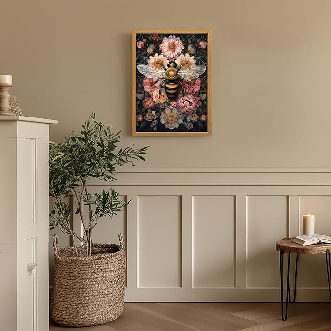 LLEEMPI William Morris Wall Art, Vintage Bee Floral Wall Decor, Insect Flower Canvas Painting, Abstract Nature Botanical Poster Print for Living Room Bedroom Kid Room Hallway Wood Framed 16x24 inch