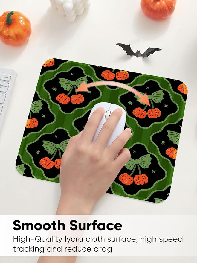 Seorsok Halloween Pumpkin Mouse Mat,Bow Ribbon Decor Mouse Pads for Office Laptop,Washable Square Cute Mousepads with Extended Stitched Edges Non Slip Rubber Base 9.5"x7.8"x0.12" Inch,Green