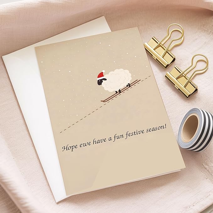 (5.3x8in) Hope Ewe Have a Fun Festive Season Card with Envelope, Cute Sheep Christmas Pun Design, Funny Holiday Greeting for Friends, Family, Coworkers, and Animal Lovers (Xmas 32)
