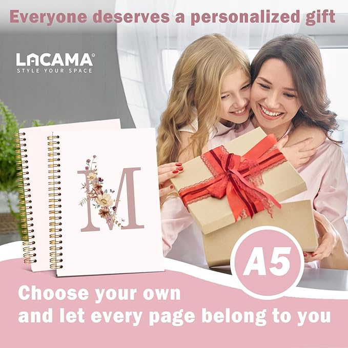 Lacama Pink Monogram M Notebook Journal, Aesthetic Wildflower Personalized Spiral Notebook, Customized Monogrammed Gifts, Birthday Gifts for Women, School Supplies, Office Supplies 5.5x8.3