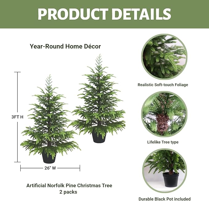 2Packs 3FT Artificial Christmas Tree Realistic Potted Small Xmas Tree for Tabletop Decor Norfolk Soft Touch Leaves with Black Pot, Perfect for Home Office Holiday Party Decorations