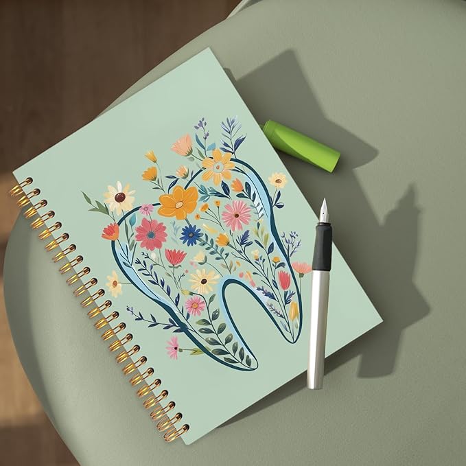 WUCHJ Dentist Gifts Notebook Journal, Dental Assistant Office Gifts for Women, Green Floral Tooth Dental Spiral Notebook Journal for Note Taking, Dentist Office Supplies, 5.5x8.3 Inch
