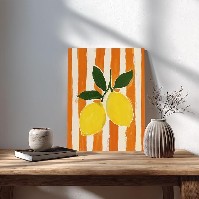 Lemon Watercolor Wall Art – Fresh Yellow Citrus Canvas Print – Orange Stripe Kitchen Decor – Modern Botanical Fruit Illustration Poster 12x16inch-Unframed