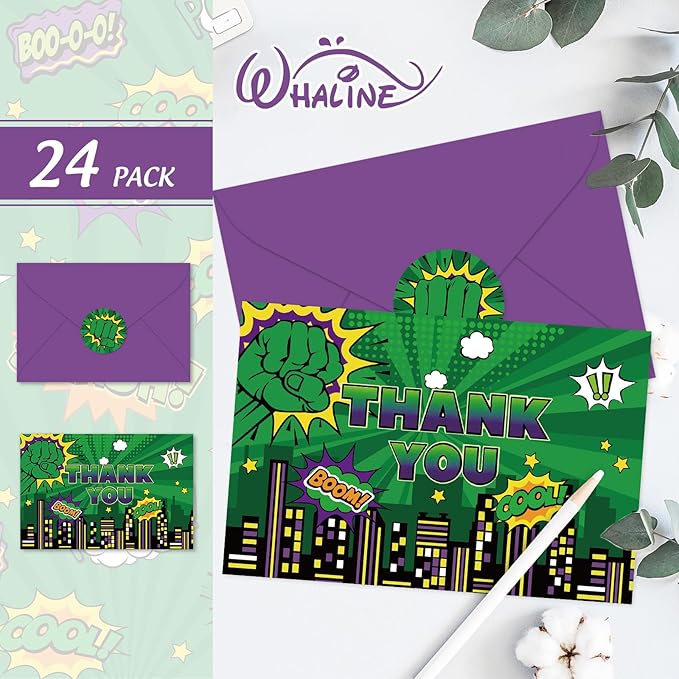 Whaline 24 Pack Green Super Hero Thank You Card Greeting Cards with Envelopes Stickers Cityscape Saying Bubble Blank Note Cards for Birthday Baby Shower Party Supplies