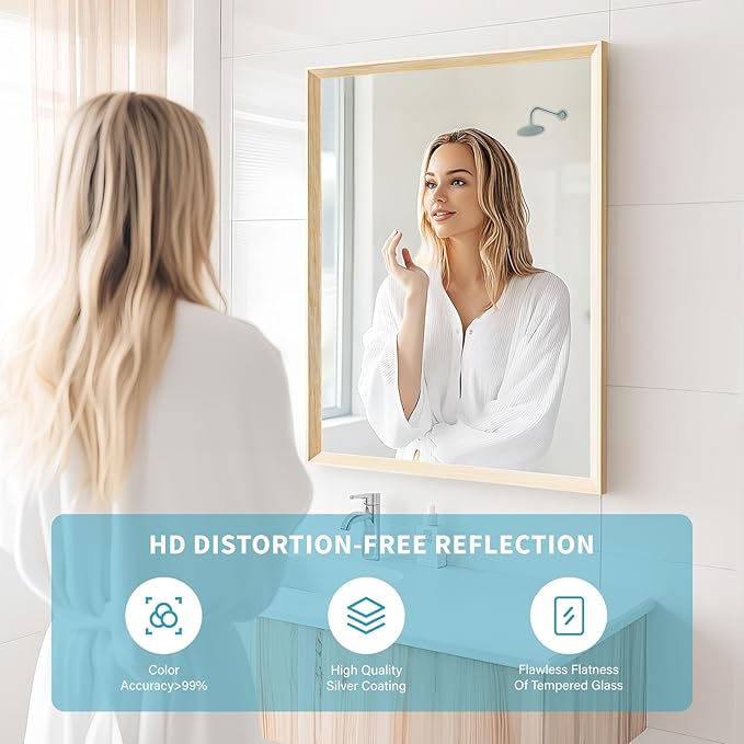 Oak Wood Effect Framed Wall Mirror, 30x36 Rectangle Mirror, 1/8" Anti-desilvering Tempered Glass, Sustainable& Sturdy Frame, Anti-Rust, HD Reflection &3min Fast Setup for Bathroom Living Room