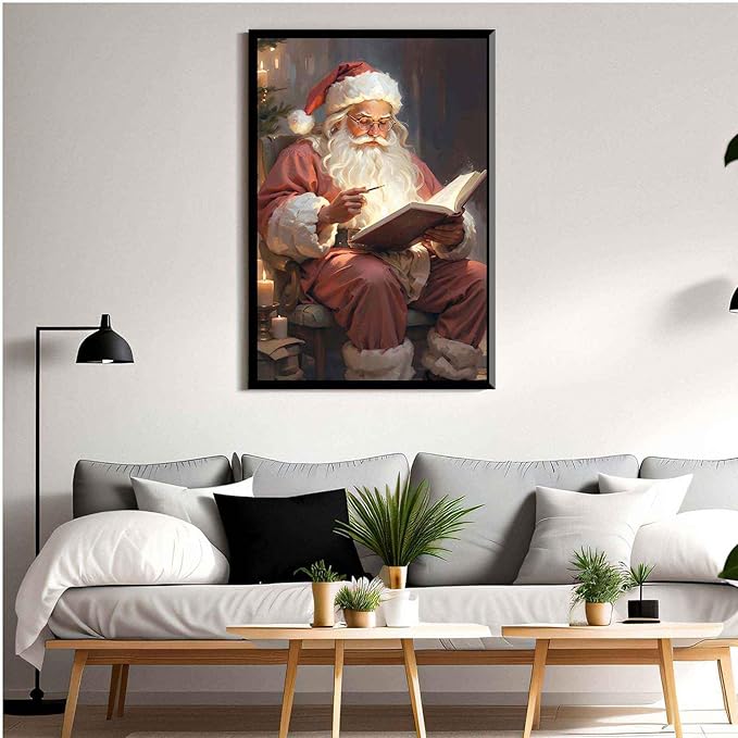 Framed Canvas Wall Art Vintage Christmas Wall Art Santa Writing Book Oil Painting Cottagecore Decor Academia Christmas Decor Winter Print 8x12in Metal blackFramed