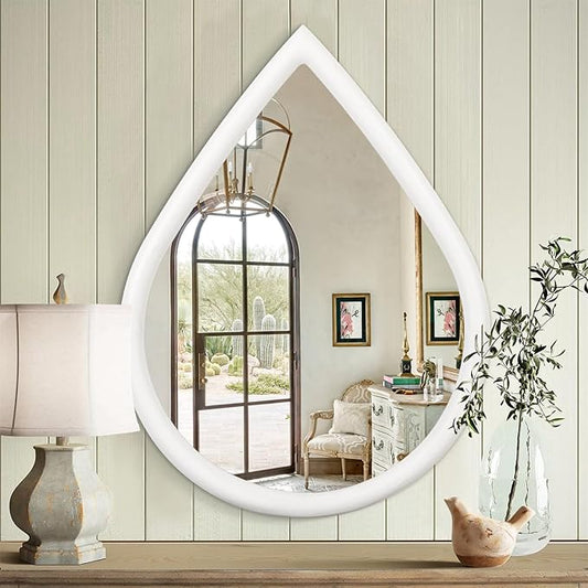 White Vintage Mirror Teardrop Wall Hanging Mirror Wood Frame 26 X 18 Inch Wall Mirrors Decorative for Entryway Living Room Bathroom Hallway Home Decor