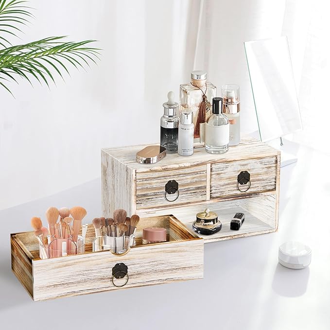 Wood Desk Organizer with Drawer, Vintage Brown Wooden Desktop Organizer, Tabletop Storage Organization Box for Countertop, Home Office Supplies (3 Drawer)