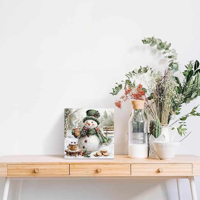 OFlich Green Snowman Wooden Box Sign, Rustic Christmas Snowman Wood Sign for Home Office Desk Table Shelf Decor, Winter Home Decor, 5x5 Inch