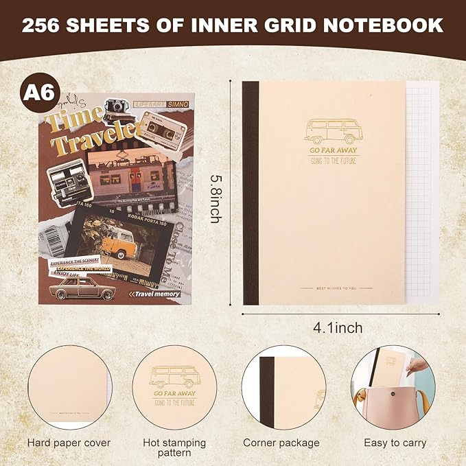 Auguro Vintage Scrapbook Kit A6 Grid Notebook Stationery Junk Journal Kit Travel Scrapbooking Supplies Craft DIY Gift for Adult Teen Girl Aesthetic Journaling Kit