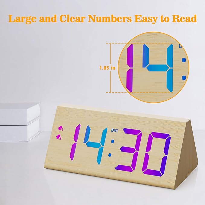 Wooden Digital Alarm Clock with Dual USB Charging Ports, DST, Dimmable, Snooze, RGB Colors, Modern Large Time Display LED Clock for Kids Bedrooms, Living Room, Desk,Table, Bedside,Nightstand (Bamboo)