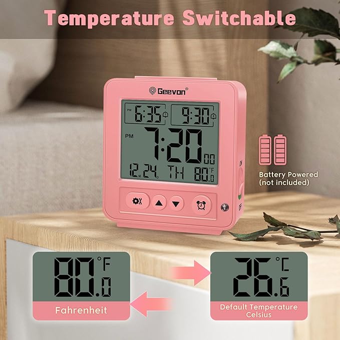 Geevon Smart Night Light Small Digital Alarm Clock with 2 Increasing Beep Alarm, Indoor Temperature, Battery Operated Travel Clock for Bedroom, Bedside, Desk(Pink)