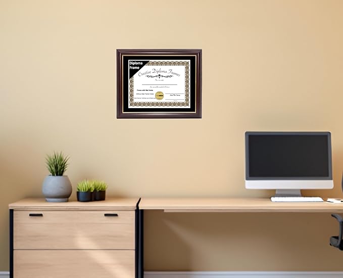 Creative Picture Frames 13x16 Mahogany Gold Rim Diploma Frame with Black Mat Glass and Installed Wall Hangers | Frame Holds 14x18 Media without Mat