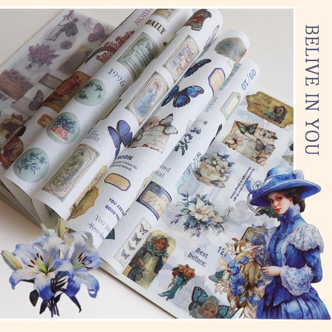 Vintage Stickers for Scrapbooking, Junk Journal - 24 Sheets Washi Sticker, Victorian Journal Stickers Book for Women, Self-Adhesive Scrapbook & Junk Journal Supplies (Blue)