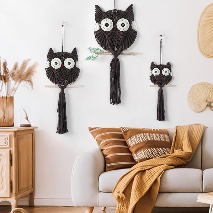 MVSUTA Owl Chocolate Cotton Handmade Macrame Wall Hanging Tapestry Home Decor Art and Craft Wonderful Decoration Woven Boho Ornament for Office Bedroom Apartment Living Nursery Gallery,3pcs set:1pc L