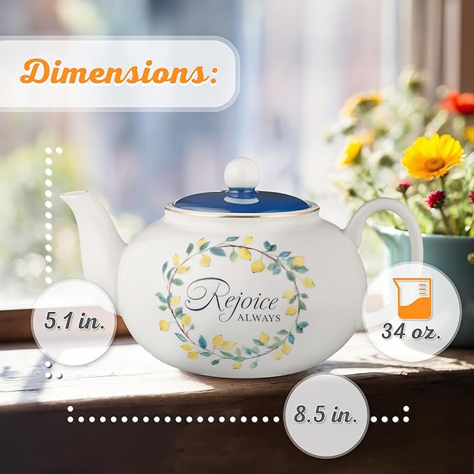 Christian Art Gifts Large Ceramic Cute Inspirational Scripture Teapot for Women: Rejoice Always Bible Verse for Home & Kitchen w/Gold, Easy-pour Lead & Cadmium-free, White/Blue & Yellow Lemons, 34 oz.